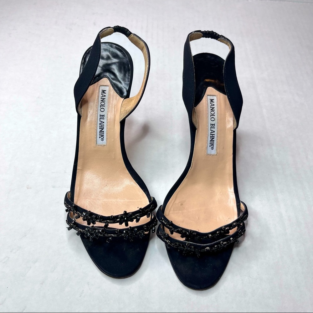 Manolo Blahnik Black Suede Slingback Sandals Heels